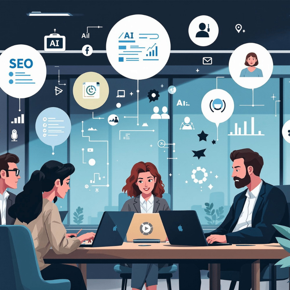 Professional cartoon-style illustration of a diverse digital marketing team collaborating at a conference table with laptops in a modern office. Above them, floating icons represent SEO, AI, analytics, and voice assistants, highlighting teamwork and the integration of digital marketing strategies.