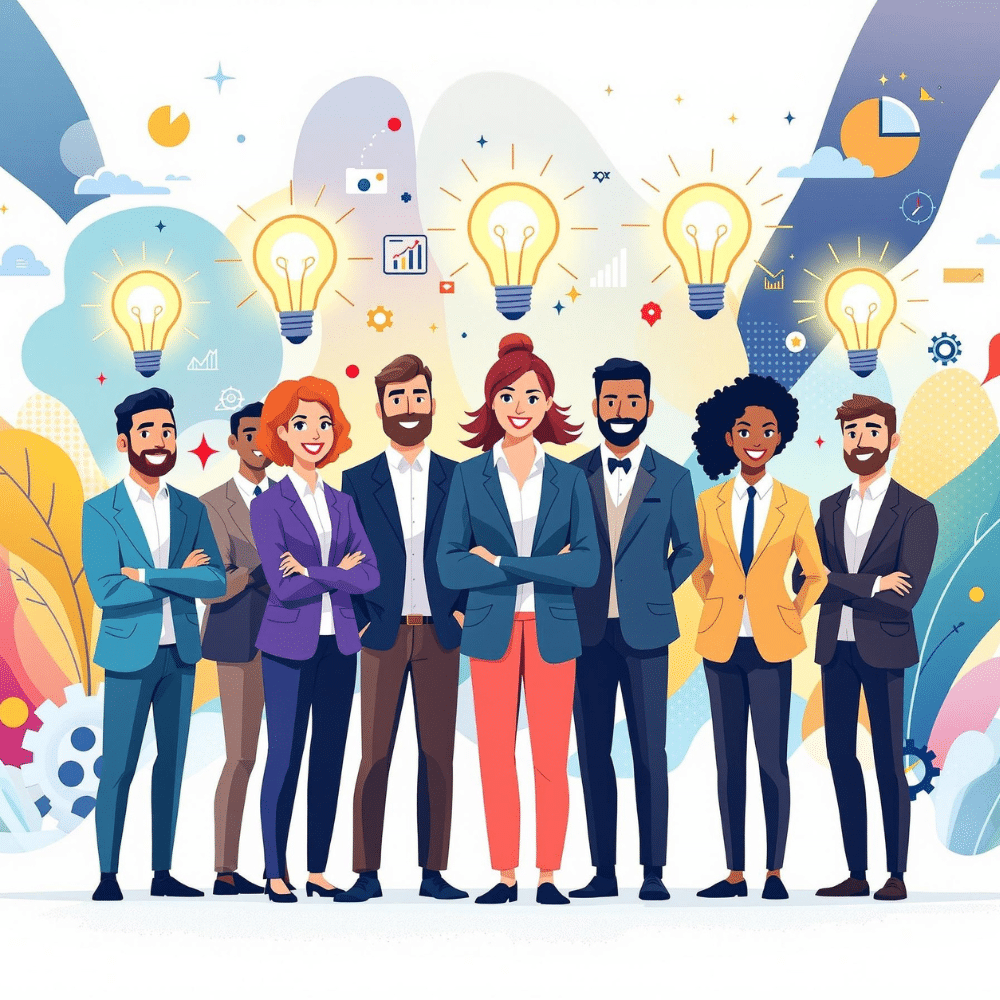 A professional cartoon-style illustration of a diverse group of business owners, each with a glowing lightbulb above their head, standing confidently against a dynamic, colorful backdrop with business-themed icons, symbolizing innovation and teamwork.