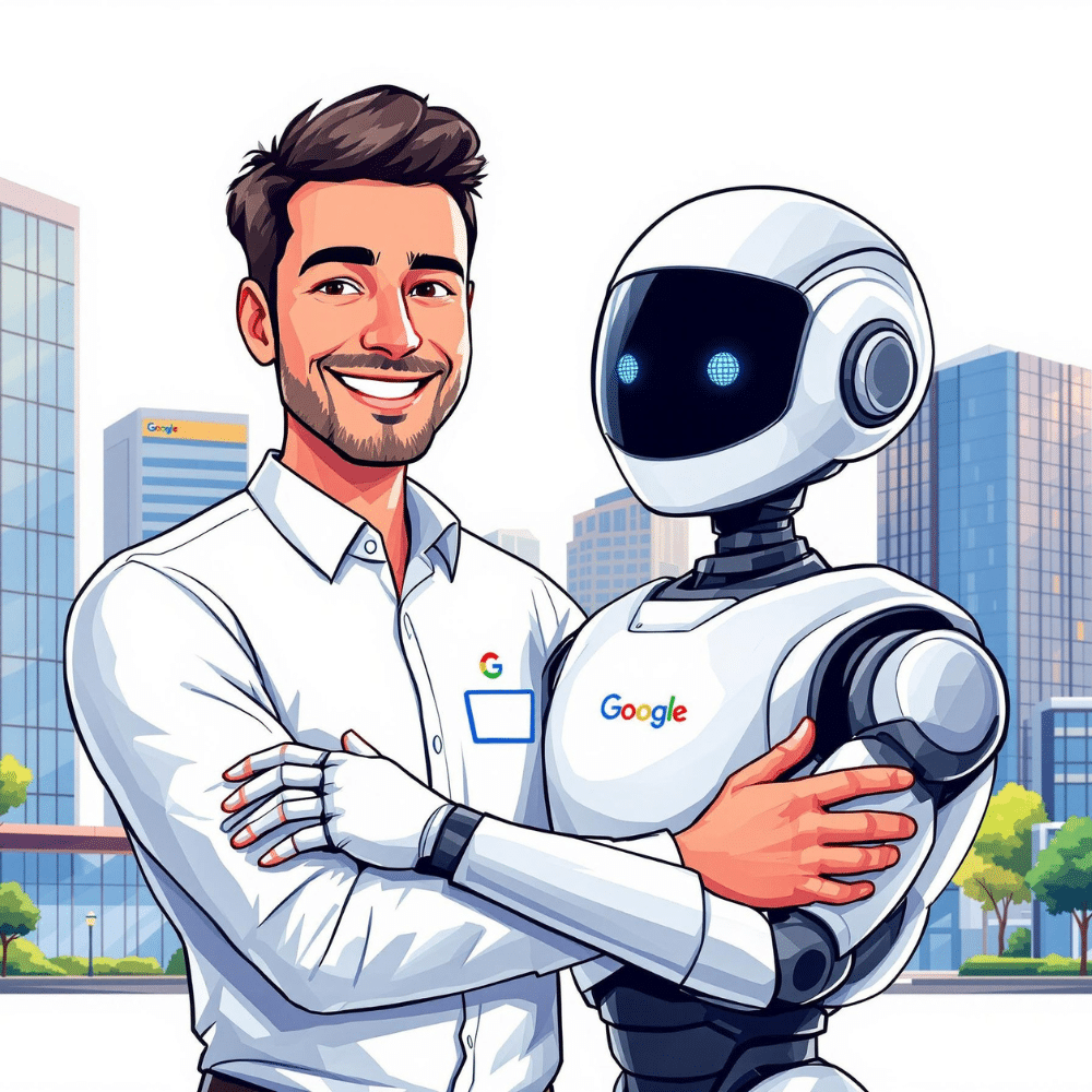 Cartoon-style image of a smiling Google employee in a branded shirt hugging a friendly AI robot, with the Googleplex campus and logo in the background, representing Google’s embrace of AI.