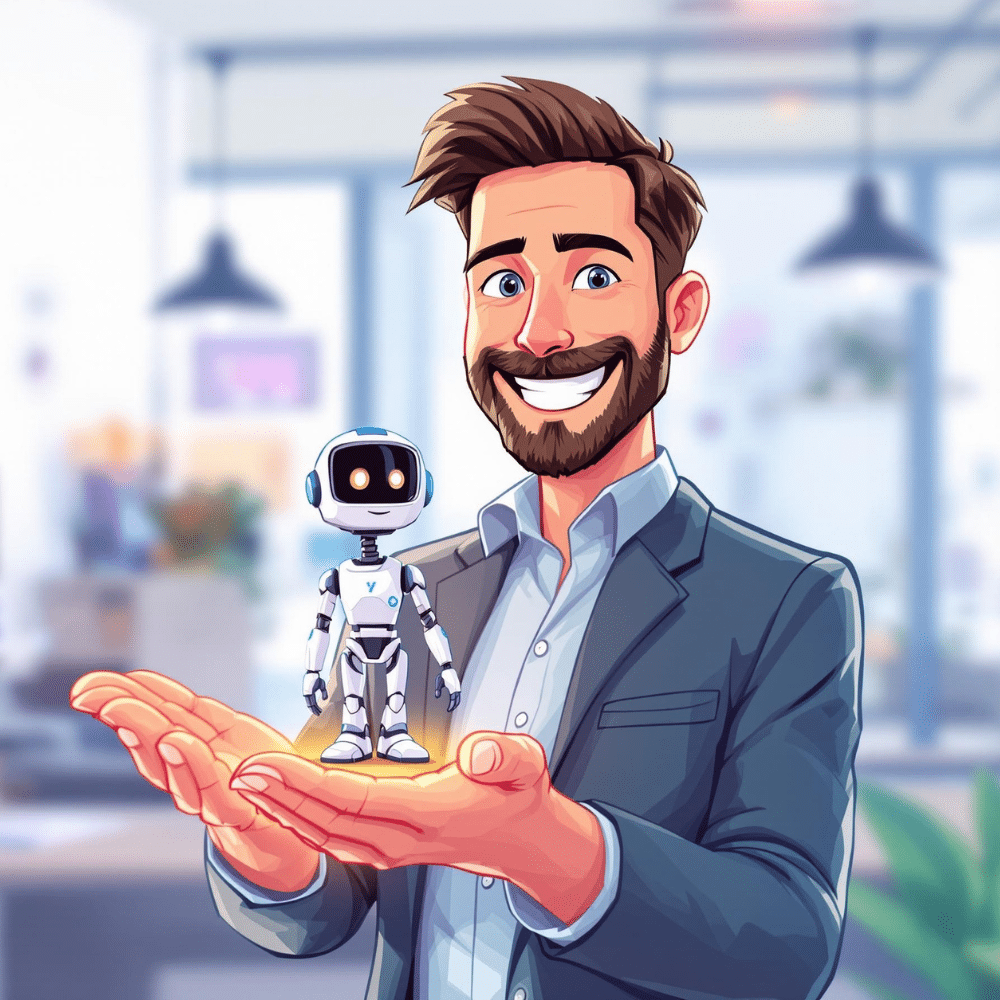 Cartoon-style illustration of a happy male marketer in a modern business office, smiling and holding out his open palm. Standing on his hand is a small, friendly AI robot representing Meta AI tools, symbolizing the collaboration between marketers and artificial intelligence in digital advertising.