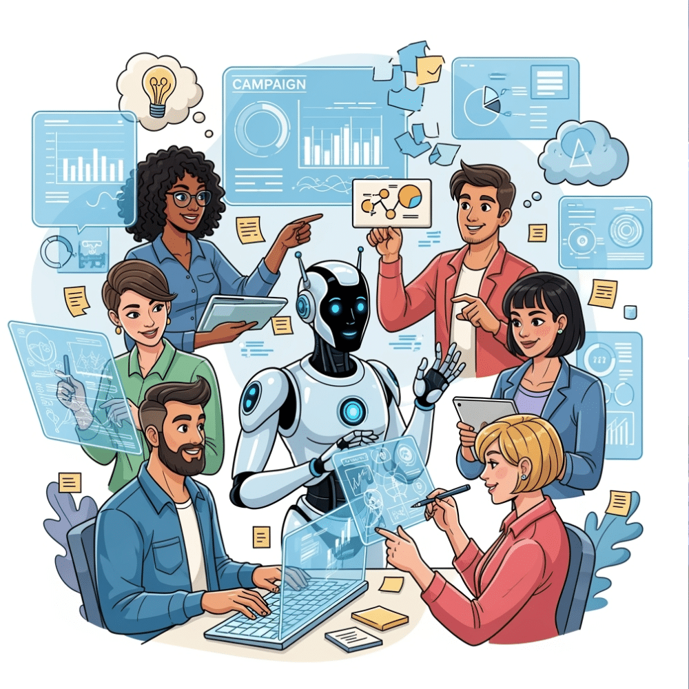 Cartoon-style illustration of a diverse digital marketing team collaborating with a futuristic AI robot, surrounded by digital campaign dashboards and brainstorming elements in a bright, modern workspace. The scene conveys energy, innovation, and teamwork