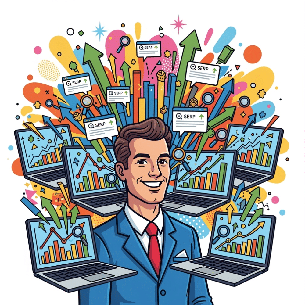 Cartoon-style illustration of a professional marketer in a suit, smiling confidently and surrounded by multiple laptops with screens bursting with colorful SEO results, charts, graphs, and upward arrows. The vibrant background features dynamic shapes and bright colors, conveying digital marketing success.