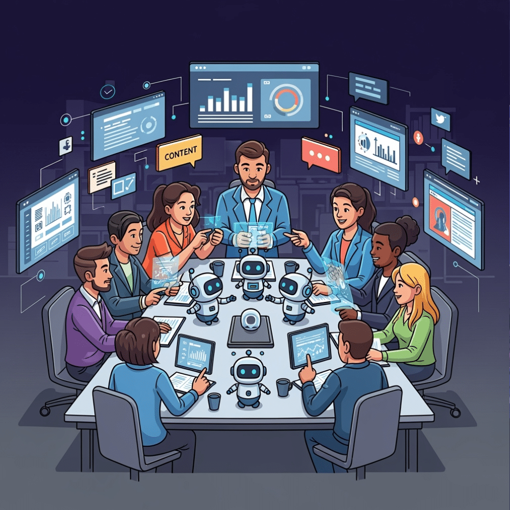 Professional cartoon illustration of a diverse digital marketing team collaborating with AI robots around a conference table, surrounded by digital screens displaying analytics, charts, and content icons, representing AI-driven content marketing in 2025.