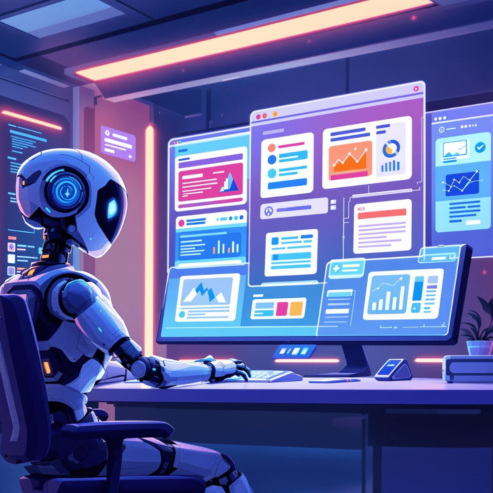 Cartoon-style illustration of a futuristic AI robot working at a digital workstation, surrounded by multiple screens displaying ad designs, analytics, and marketing dashboards in a vibrant, high-tech office setting.