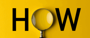 Magnifying glass highlighting the word ‘HOW’ on a bright yellow background, emphasizing the concept of discovering methods or explanations, with bold black letters and a clear, modern look