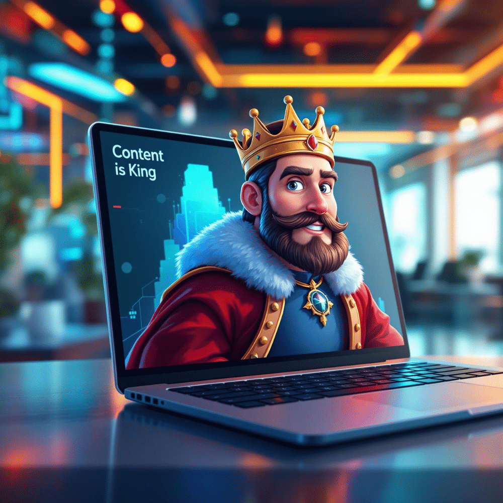 Cartoon illustration of a regal king with a crown and red robe, symbolizing “content is king,” appearing on a laptop screen in a vibrant, futuristic office setting with digital and holographic elements.