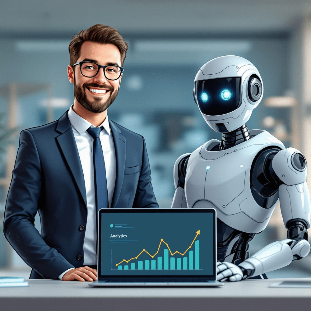 Professional cartoon-style illustration of a businessperson in a suit standing confidently beside a sleek AI robot in a modern office. Both are smiling, and a laptop in front of them displays upward-trending analytics charts, symbolizing online marketing success.