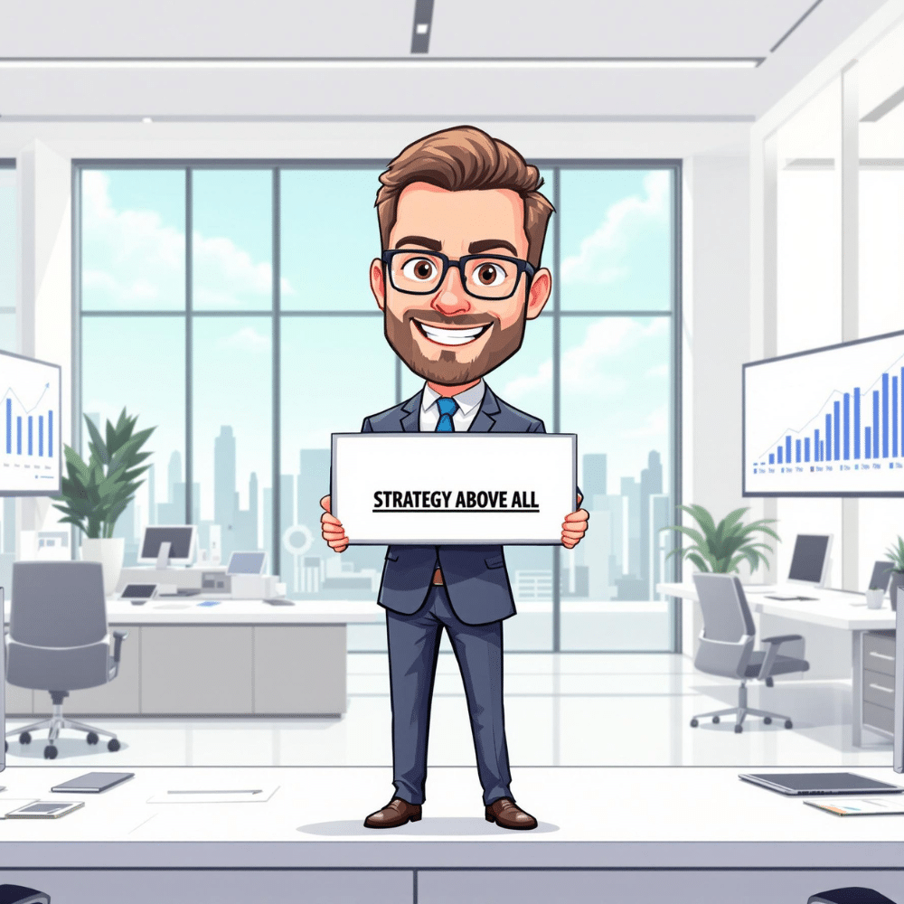 Cartoon-style illustration of a professional business executive in a modern office, smiling and holding a sign that reads “Strategy Above All.” The background features large windows, digital charts, and office furniture, creating a bright and polished environment that emphasizes strategic leadership in digital marketing.