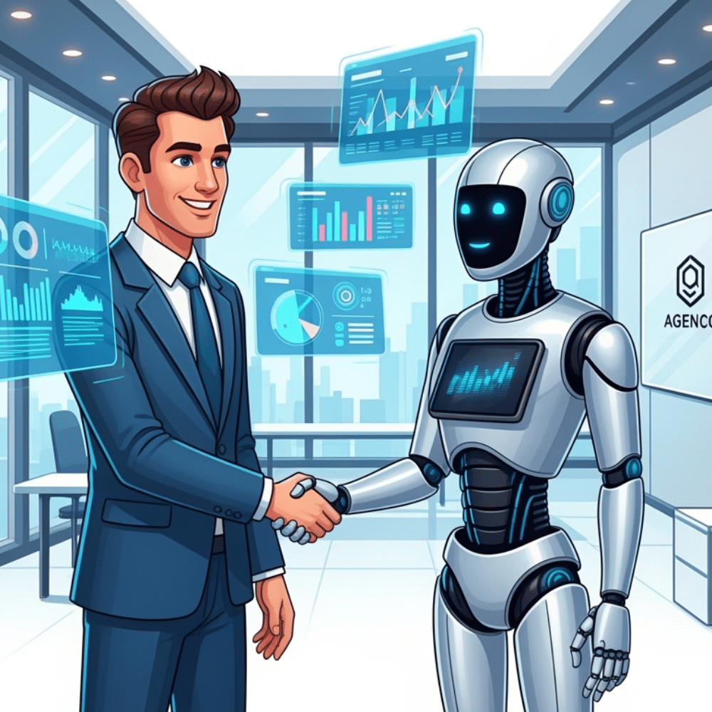 Professional cartoon-style illustration of a business marketer in a suit shaking hands with a futuristic AI robot in a modern digital office. Digital screens with analytics and charts float in the background, visually representing the Human-AI partnership in marketing.
