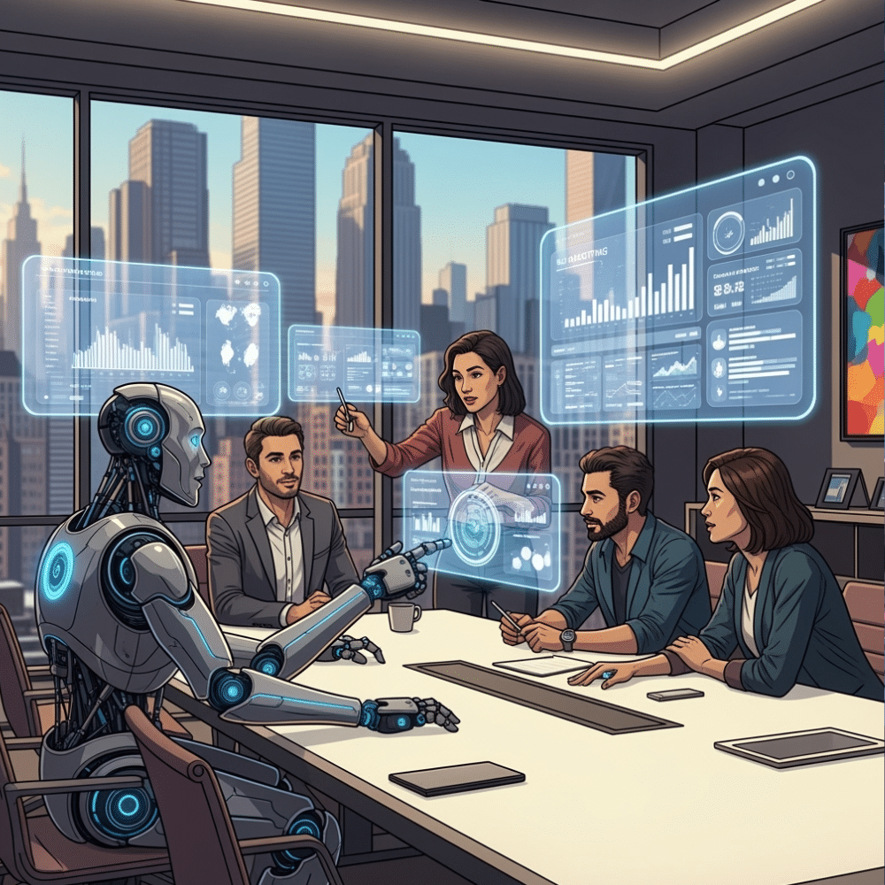 A modern, semi-realistic illustration of a diverse business team and a futuristic robot working together at a conference table in a high-rise office, with holographic dashboards showing analytics and SEO data, set against a city skyline, illustrating the integration of AI agents in agency growth and SEO.