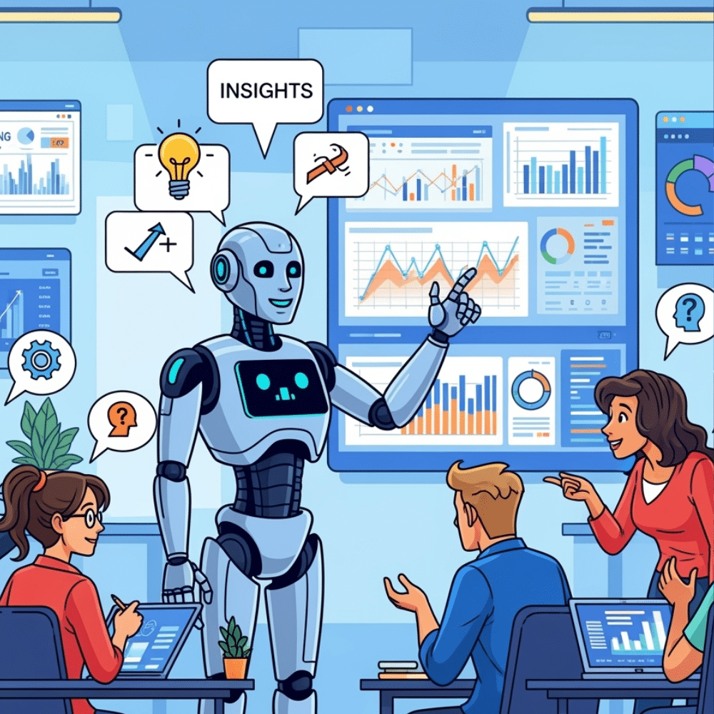 Cartoon-style illustration of an AI robot reading over marketing reports and sharing insights with a diverse team of marketers in a modern office, with data charts and analytics displayed on large screens.