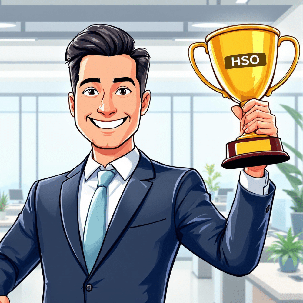 Cartoon-style illustration of a professional businessperson in a suit, smiling and holding up a gold trophy labeled “HSO,” standing in a modern office with bright lighting and plants in the background.