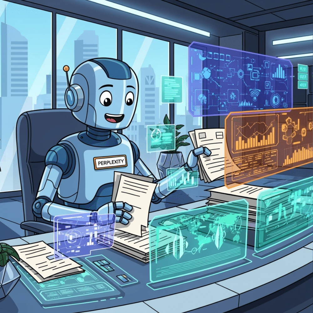 Cartoon-style illustration of a friendly robot named Perplexity sorting documents and digital content at a futuristic office desk, surrounded by holographic data screens and cityscape windows.