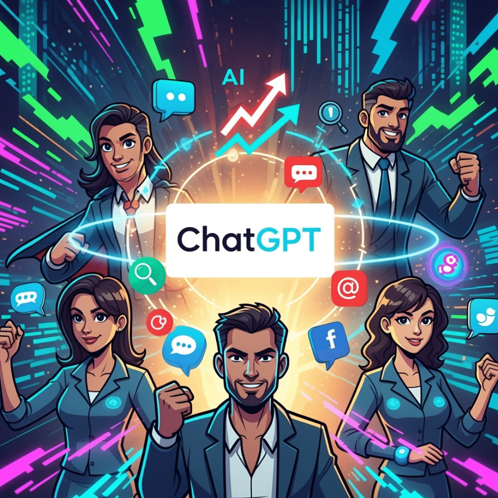 Cartoon-style illustration of a diverse team of professional marketers in business attire standing confidently around a glowing ChatGPT logo, with digital marketing icons and AI-related graphics radiating from the center, set against a vibrant, energetic background.