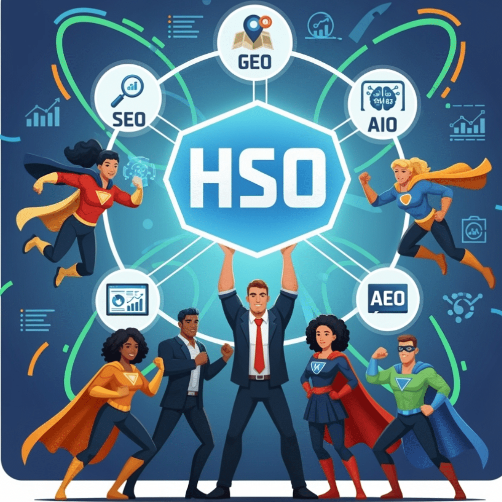 Cartoon-style illustration of a diverse team of professionals in superhero attire, standing confidently around a large glowing HSO emblem. Icons for SEO, GEO, AIO, and AEO orbit the emblem, visually unified under the HSO strategy. The background is vibrant and dynamic, emphasizing teamwork and holistic digital optimization.