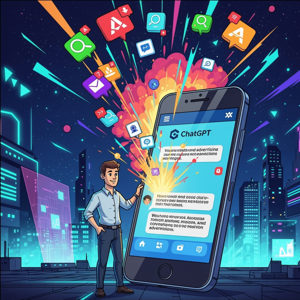Cartoon-style illustration of a marketer standing next to a giant smartphone displaying a ChatGPT chat interface, with colorful ad icons and notifications bursting from the screen against a vibrant, futuristic cityscape background.