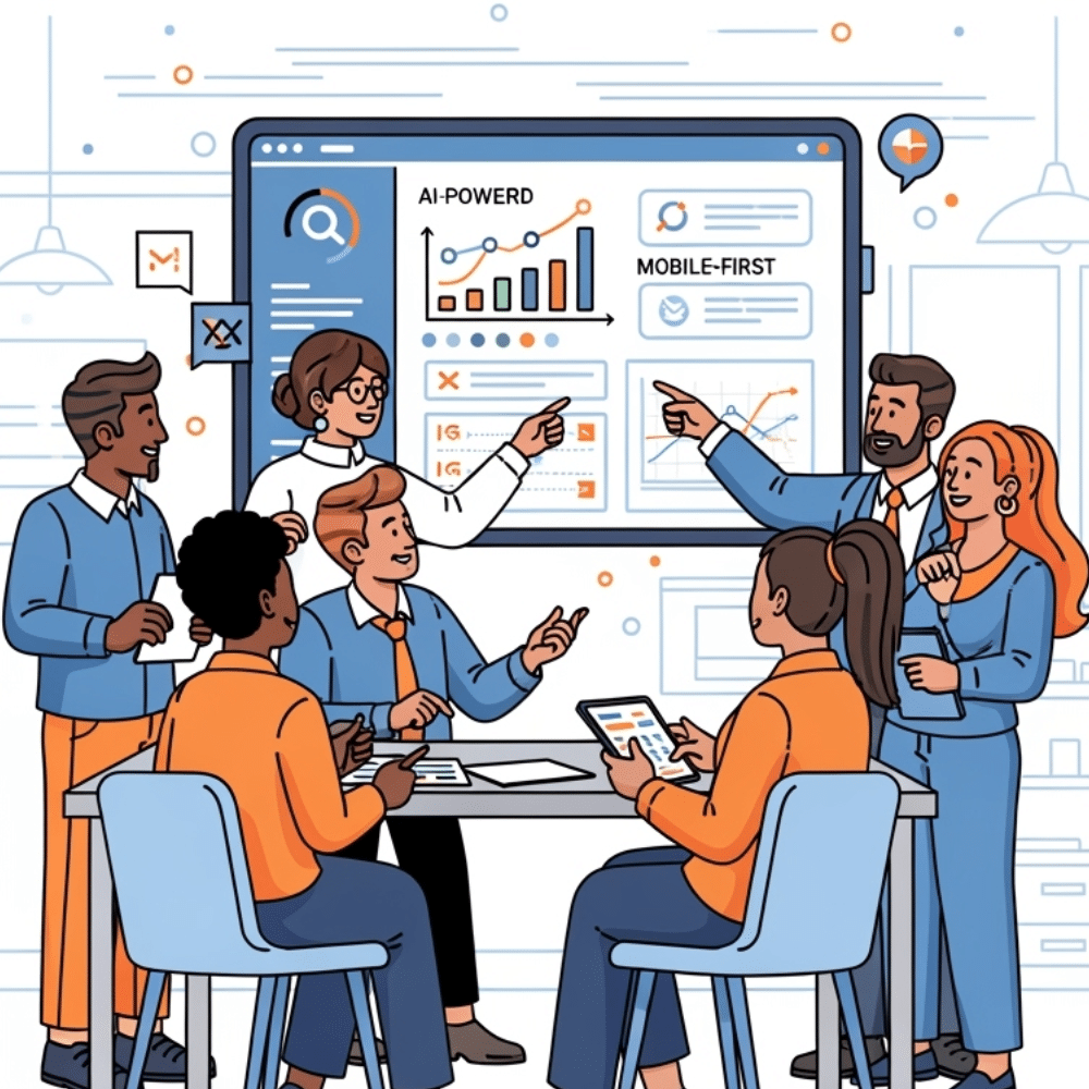 A professional cartoon-style illustration of a diverse digital marketing team collaborating around a large screen displaying AI-powered and mobile-first analytics, symbolizing modern search optimization strategies.