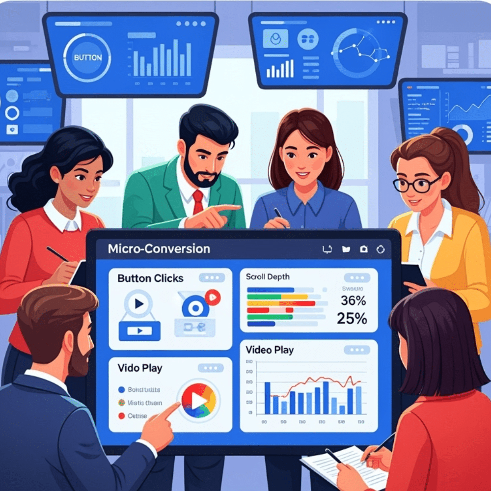A professional cartoon-style illustration of a diverse digital marketing team analyzing micro-conversion data—such as button clicks, scroll depth, and video plays—on a large dashboard in a bright, modern office.