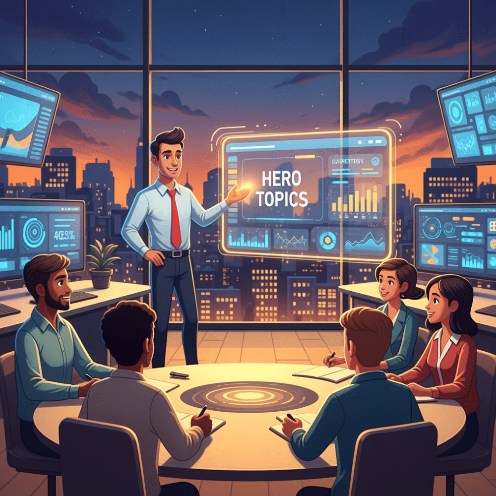 A professional cartoon-style illustration of a digital marketing strategist presenting a glowing “Hero Topics” dashboard to a diverse team in a modern office, with city skyline and sunset in the background. Multiple digital screens display analytics and data, emphasizing collaboration and strategic focus.