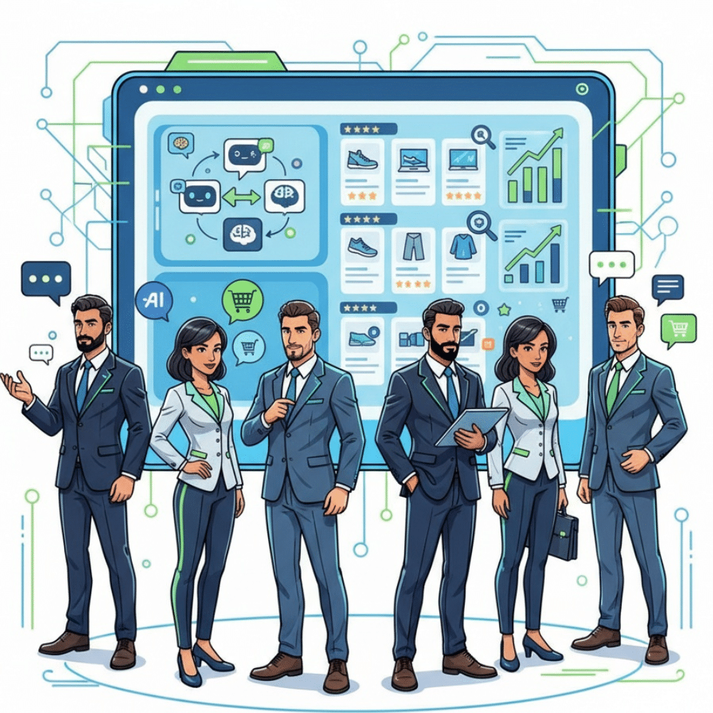 A professional, futuristic cartoon illustration of a diverse business team in suits standing confidently in front of a large digital dashboard displaying ecommerce analytics, product listings, and AI chat icons, symbolizing advanced ecommerce visibility in AI tools like ChatGPT and Gemini.