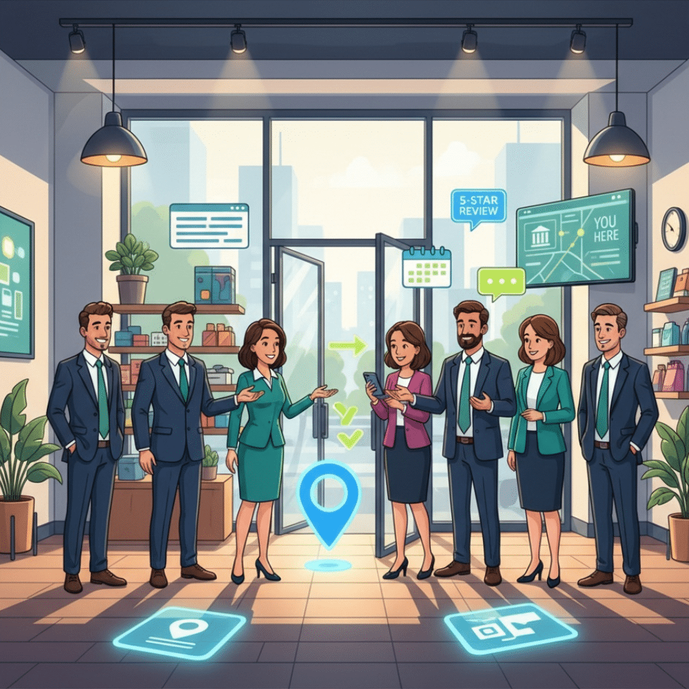 A professional cartoon illustration of a diverse business team inside a modern retail store, welcoming customers who follow digital navigation cues from their phones. The scene features digital map pins, review icons, and chat bubbles, representing the connection between website visits and increased in-store foot traffic.