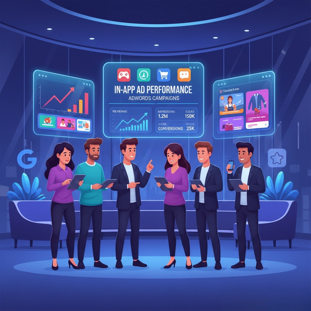 A professional cartoon illustration of a diverse business team analyzing in-app ad performance data on digital screens, featuring graphs, app icons, and campaign metrics. The scene is set in a modern, tech-focused environment, representing the strategic evaluation of Google Ads for in-app advertising.