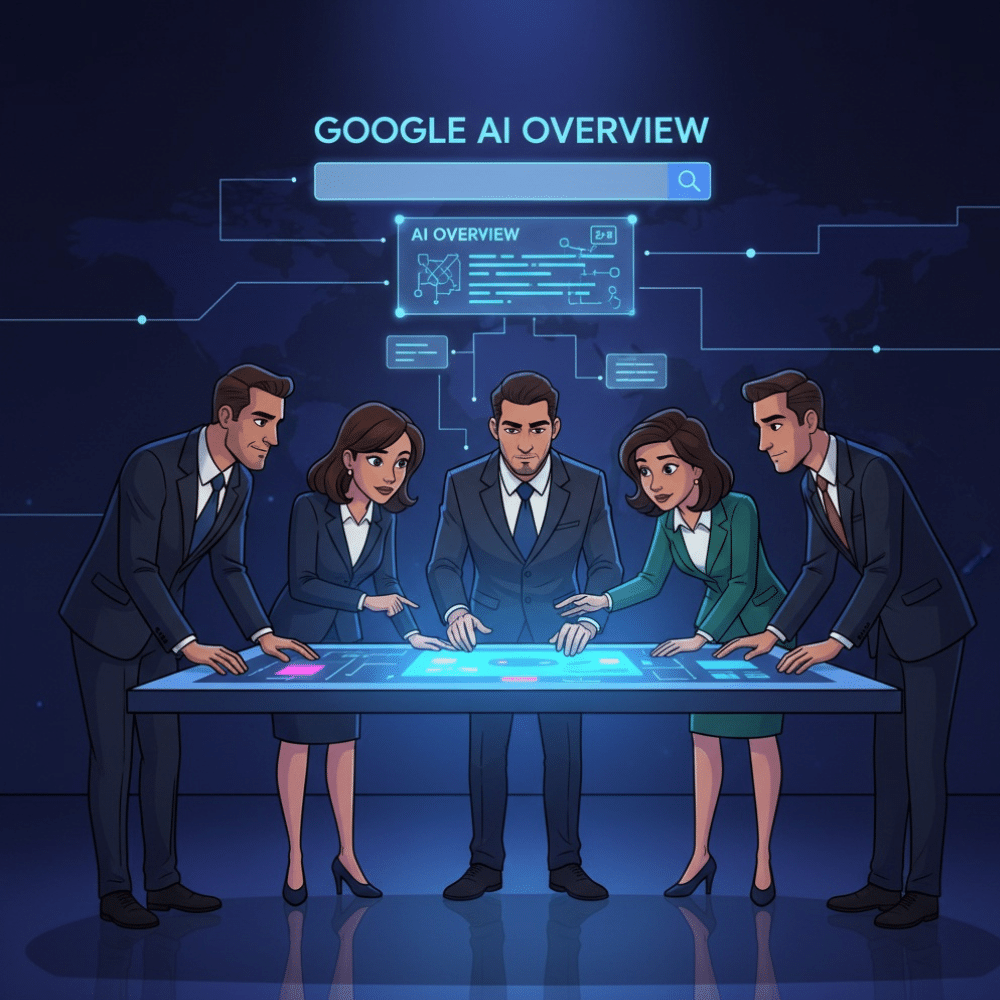 Cartoon-style illustration of a professional business team in suits and formal attire gathered around a high-tech digital table, analyzing data under a glowing 'Google AI Overview' display, symbolizing strategic collaboration to dominate Google’s AI-powered search results.