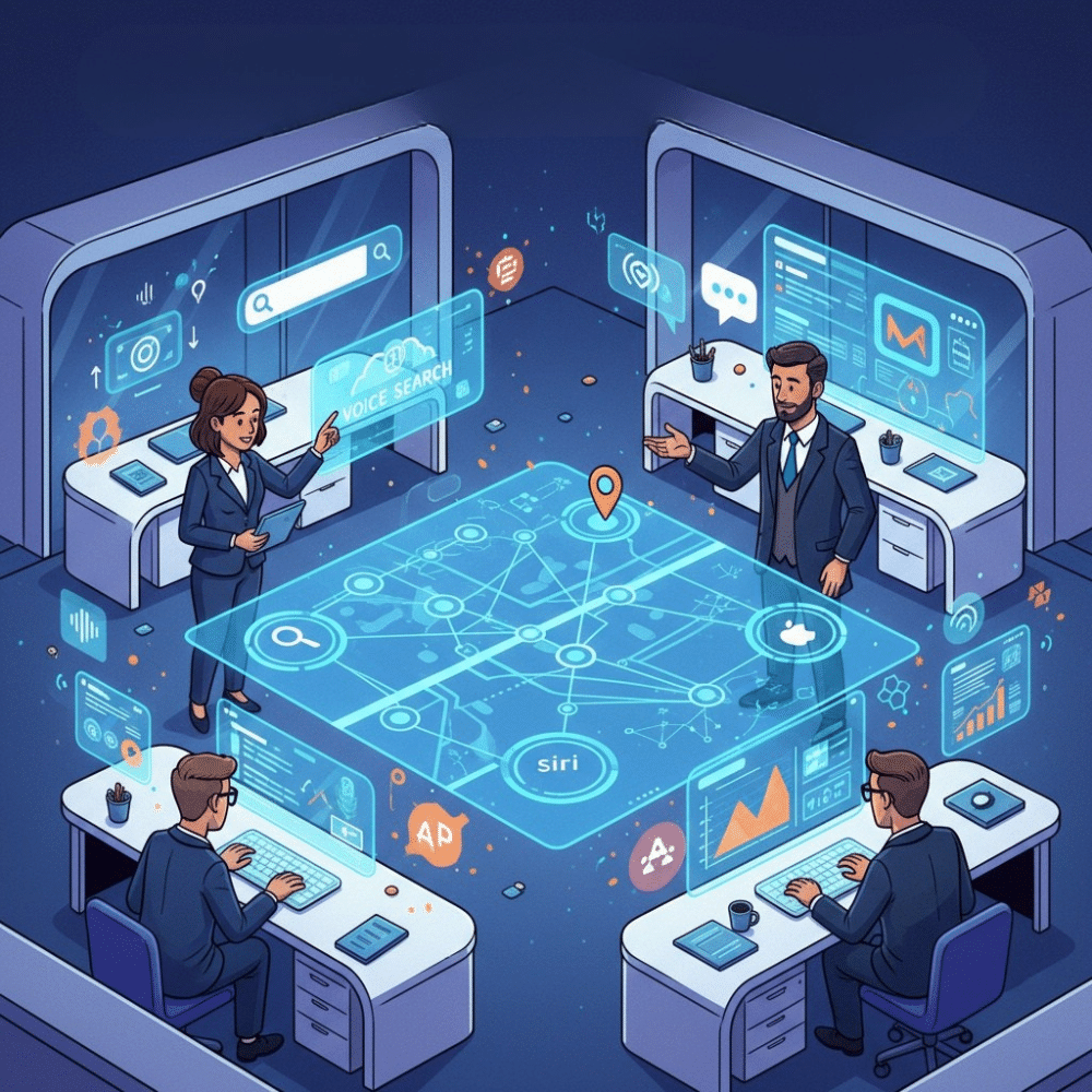 A professional cartoon illustration of a diverse team of business professionals collaborating in a futuristic office, surrounded by holographic icons representing search, voice assistants, and AI. At the center, a glowing digital map connects various search channels, symbolizing holistic-search optimization strategies for dominating AI, voice, and traditional search.