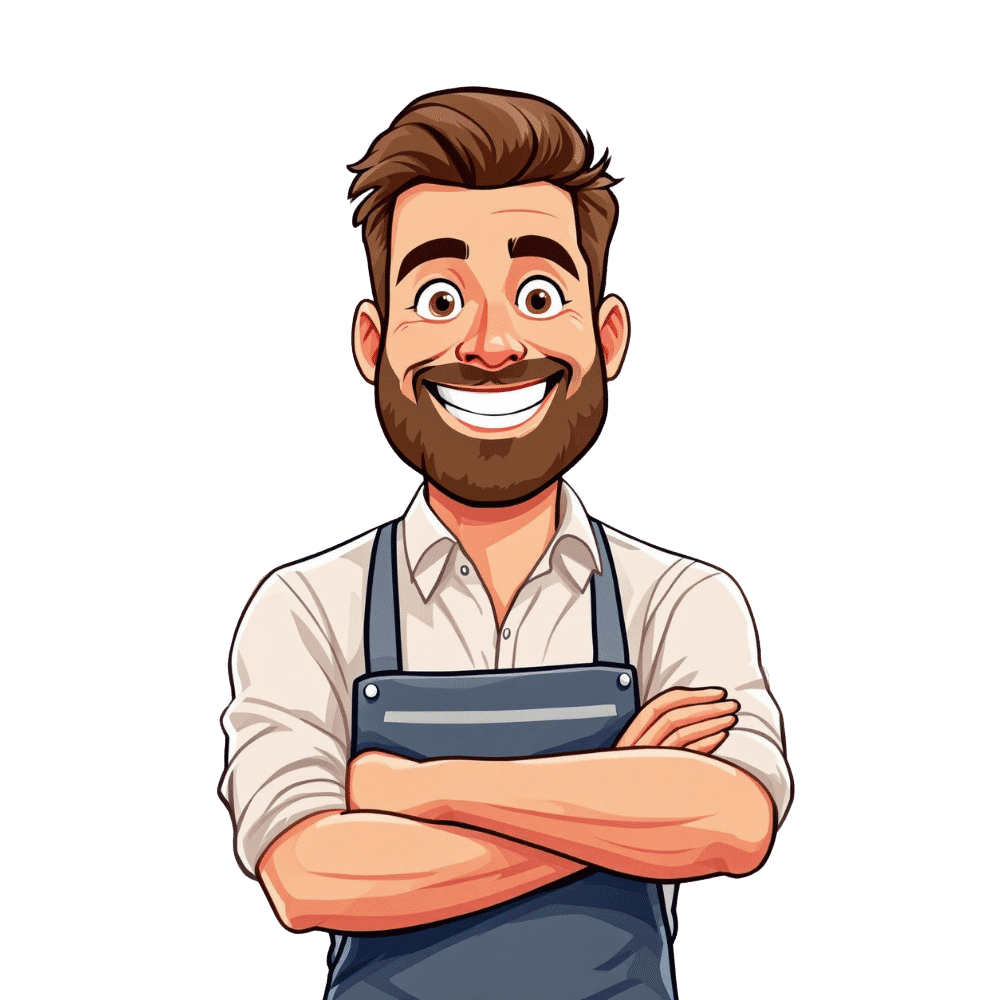 Cartoon man with a beard and apron, smiling confidently with arms crossed, representing a small business owner ready to implement new digital strategies.