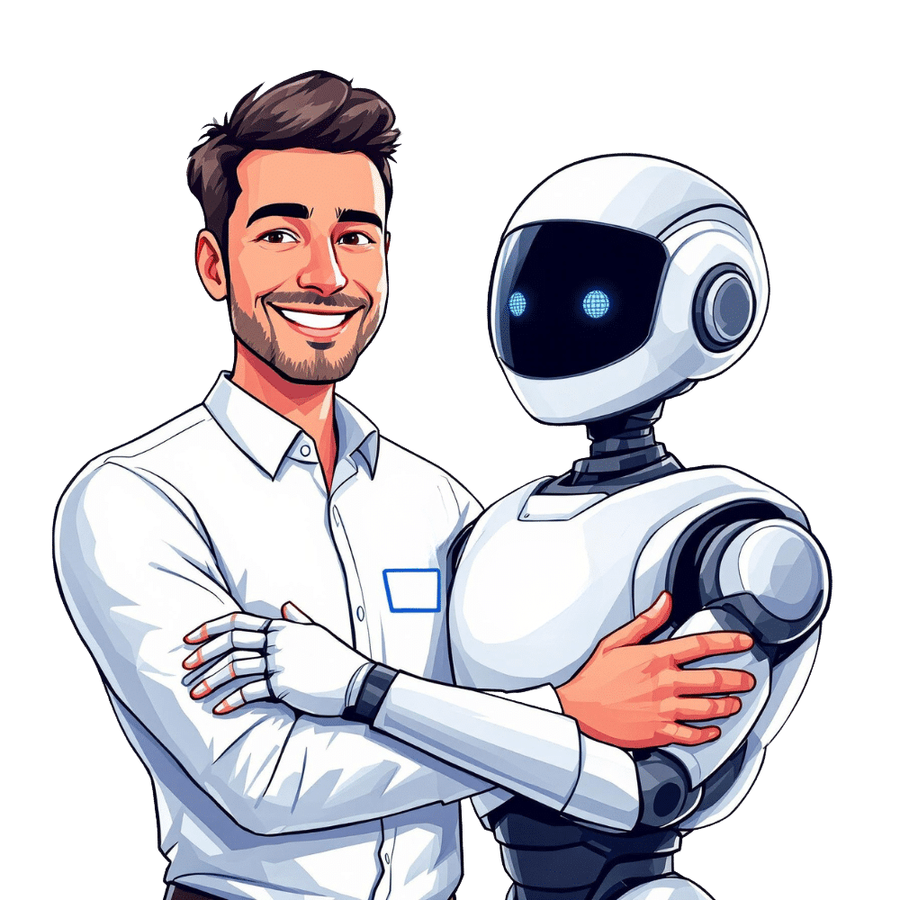 Smiling cartoon man in a white shirt standing arm-in-arm with a friendly robot, representing human and AI collaboration in modern web development.