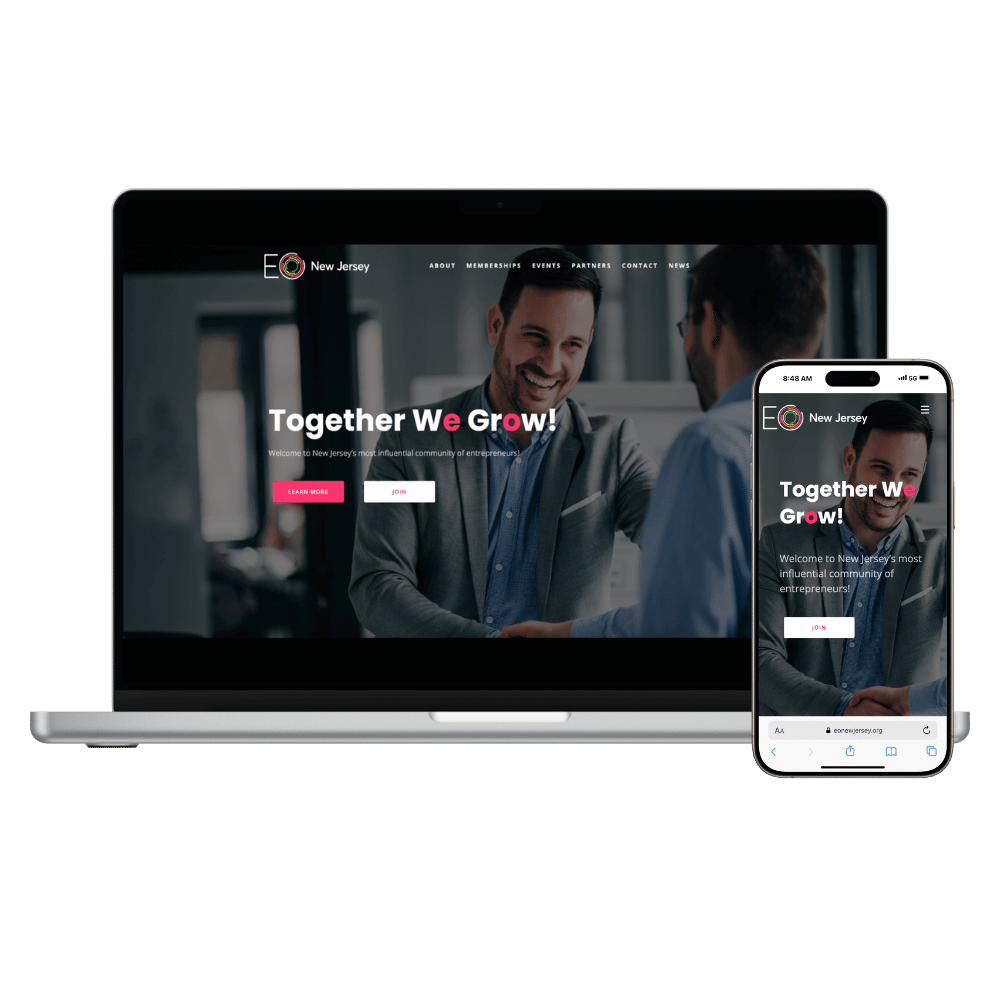 EO New Jersey website mockup by Sublyme Digital, displaying a professional, modern design with bold branding and user-friendly navigation for a business organization.