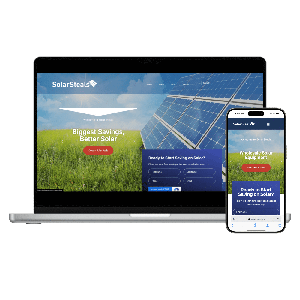 Solar Steals website mockup by Sublyme Digital showcasing a clean, modern design for a solar energy business, featuring vibrant colors and user-friendly navigation.