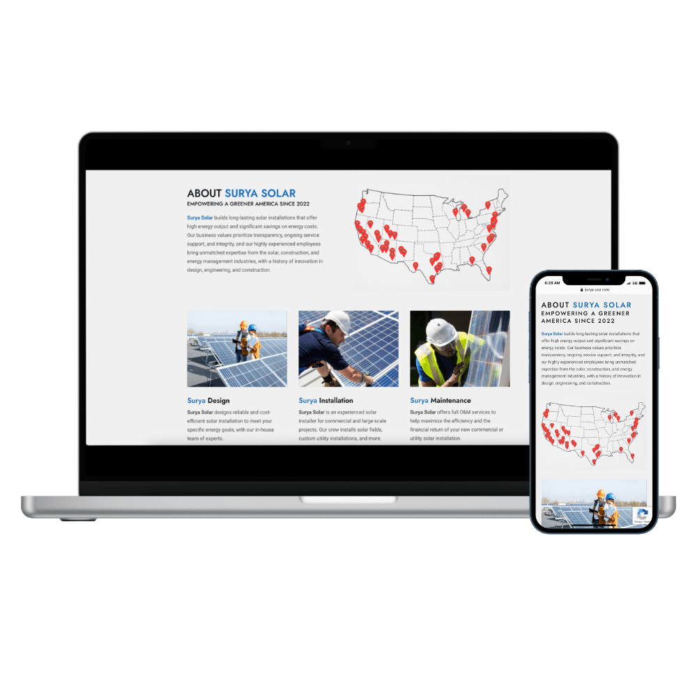 Surya Solar website mockup designed by Sublyme Digital, featuring a modern, eco-friendly layout with bright visuals and intuitive navigation for a solar energy company.