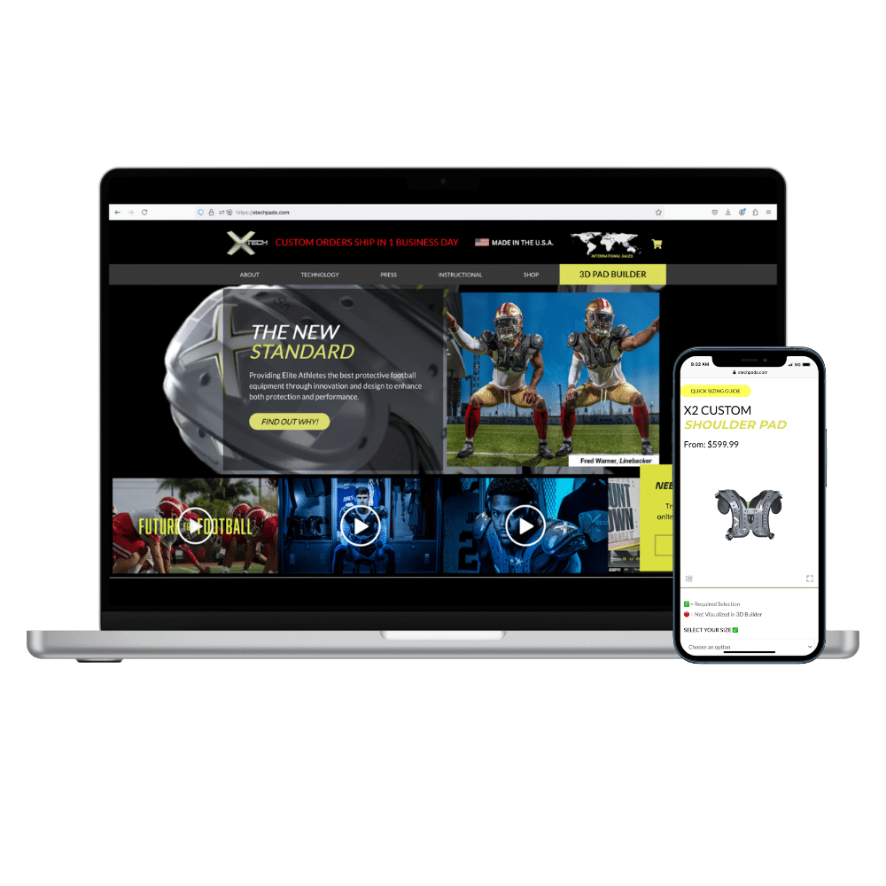 XTECH Football Pads website mockup by Sublyme Digital, featuring a bold, athletic design with dynamic visuals and easy navigation for a sports equipment brand.