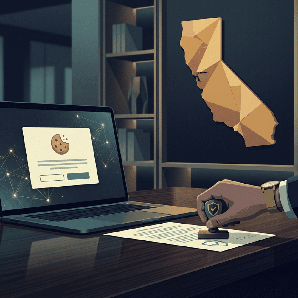 Illustration of a desk with a laptop showing a cookie consent pop-up while a hand stamps a compliance document; a gold California-shaped wall graphic reinforces the CalOPPA theme.