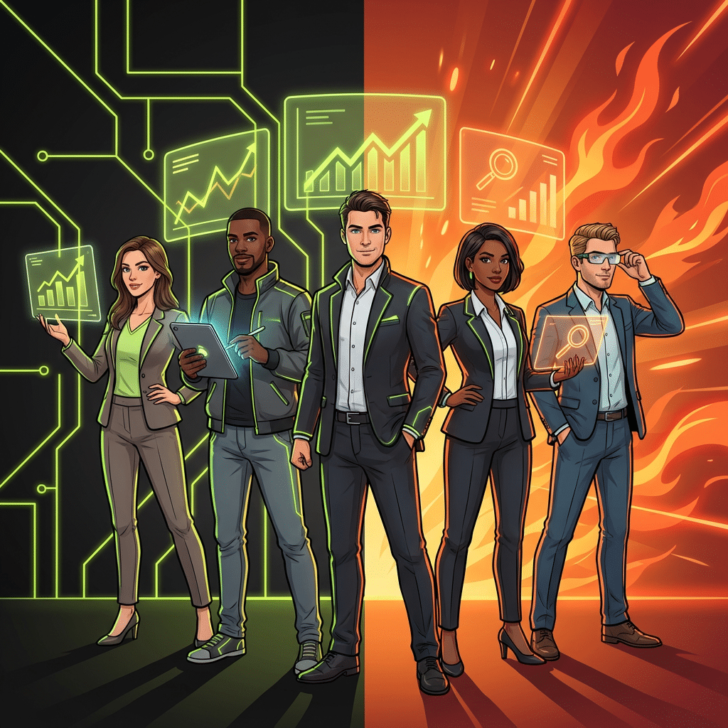 Diverse marketing team in business attire stands confidently in a futuristic scene with neon green circuit lines and orange energy glow, with holographic analytics charts rising behind them.