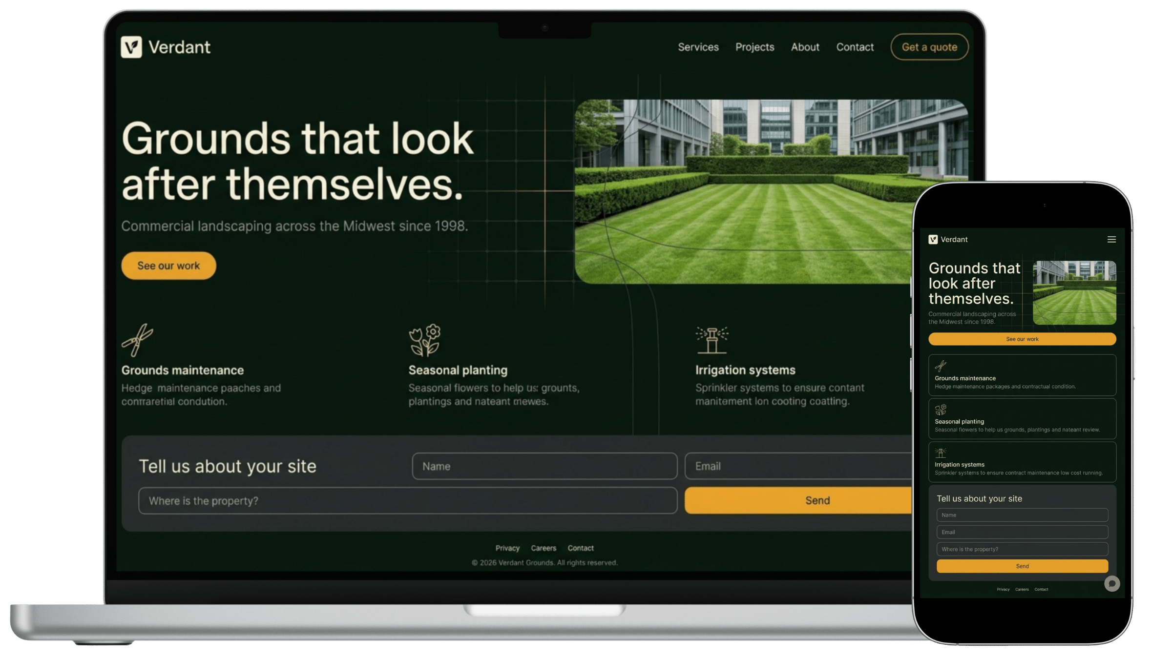 A website shown on desktop and mobile, annotated for inspection