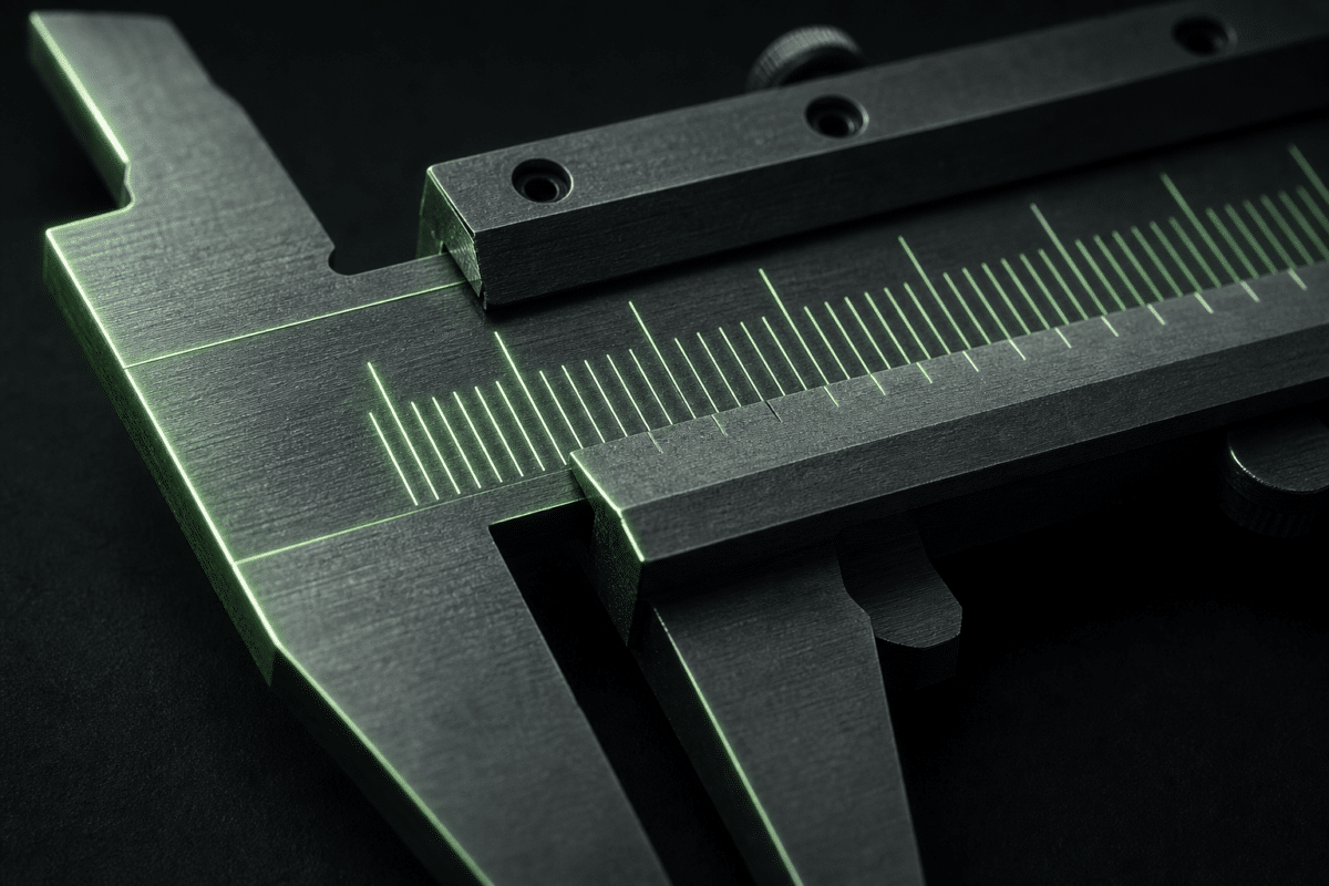 Close-up of a metal vernier caliper with a ruler scale.