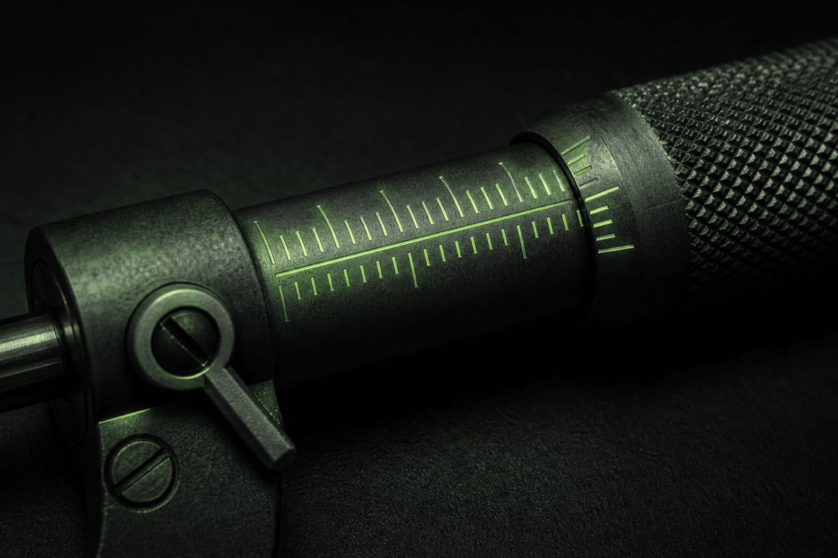 Close-up of a rifle scope's elevation adjustment turret with green scale markings.