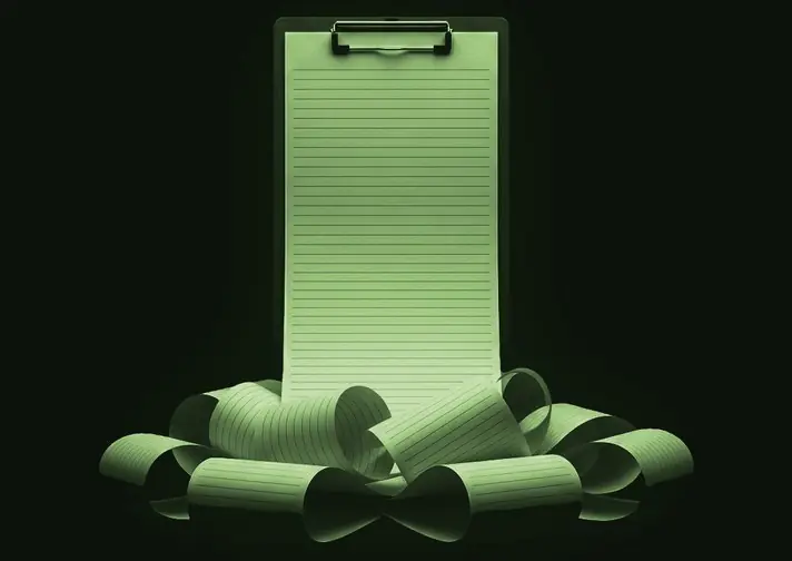 A clipboard whose form has unspooled into coils on the floor.