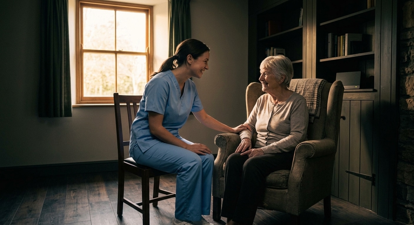 A home care nurse with a client in her own living room