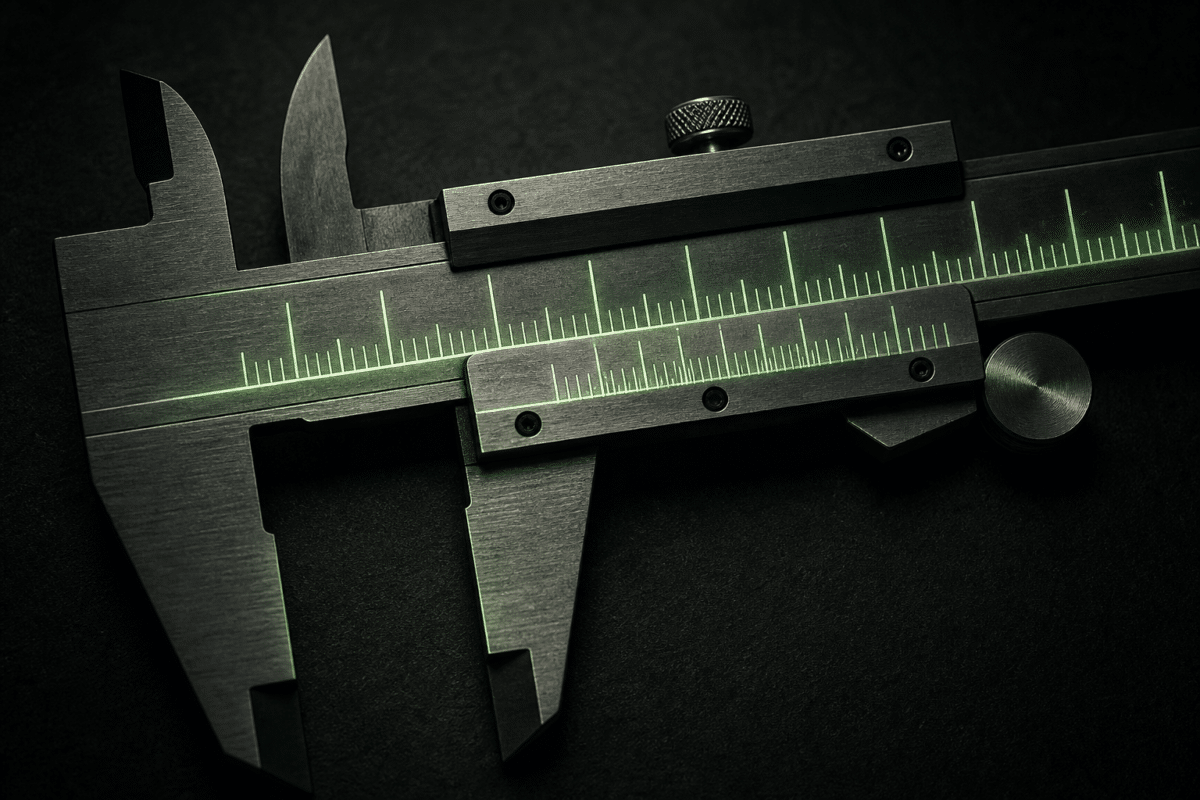 A vernier caliper with a green scale resting on a dark surface.