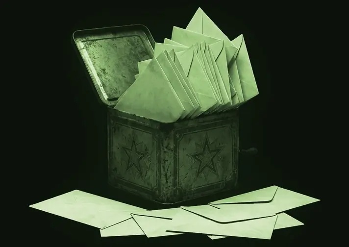 The same tin box crammed with identical envelopes, more spilled in front of it.