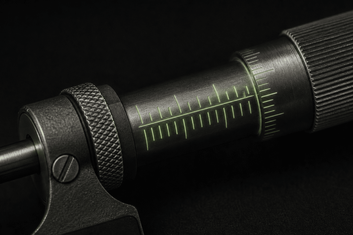 Close-up of a micrometer with a knurled grip and green measurement markings.
