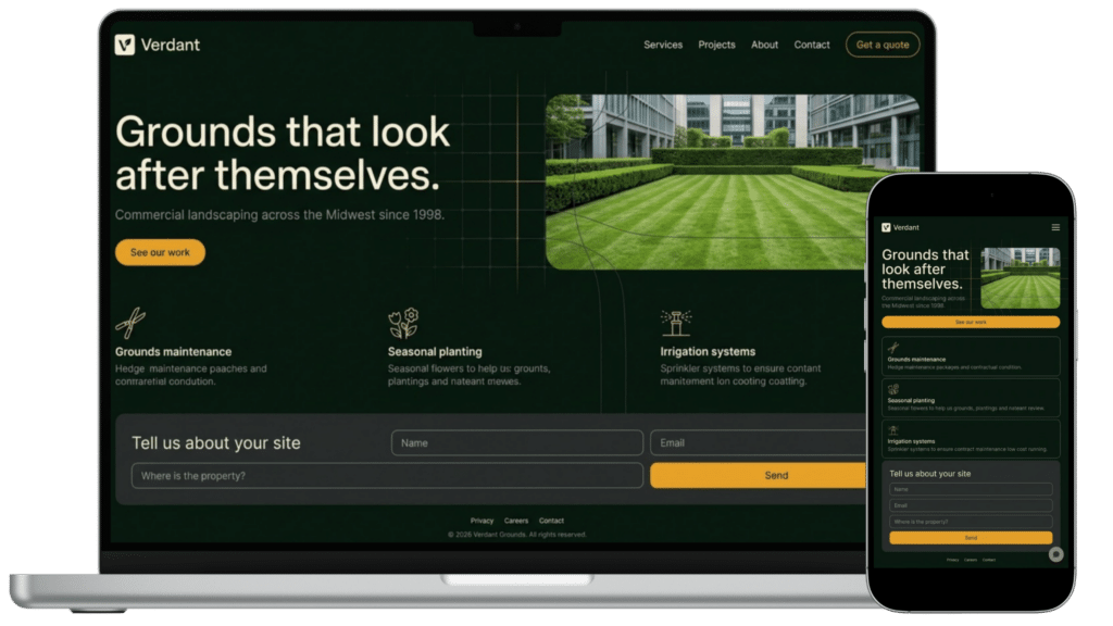 A landscaping company's website on a laptop and a phone: logo and menu across the top, the headline beside a photograph of a mown lawn, an amber call to action, three service blocks, and an inquiry form at the foot.